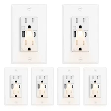 6 PK White USB C+A 24W Fast Charging Outlets, 4.8A, LED Night Light, On/Off Swi