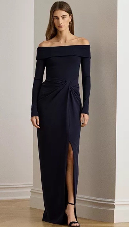 New Lauren Ralph Lauren Off the Shoulder Long Sleeve Rib & Crepe Gown Navy 14