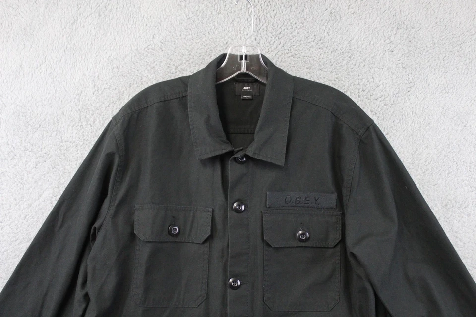 Camisa OBEY Negra Estilo Fatiga Militar Abotonada Para Hombre Talla Grande Foto 2 de 4