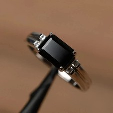 14K White Gold Plated 2.00Ct Emerald Cut Simulated Black Diamond Engagement Ring