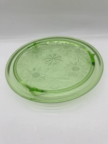 Vintage 1930s Jeanette Green Depression Glass Sunflower Footed Cake Plate 10"