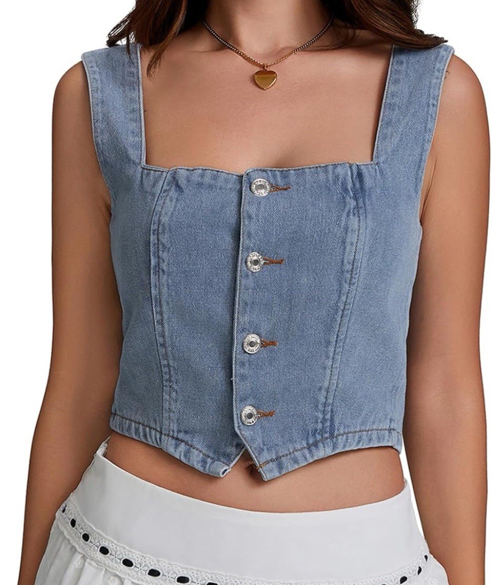 Y2K Denim Button-Down Vest Crop Top- Size L - Corset Style. RRP£32