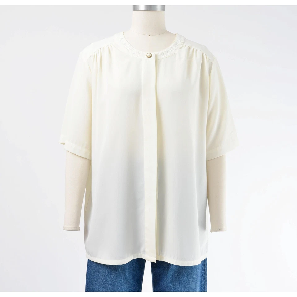 Blusa Vintage Años 90 Crema Bordada Minimal Romántica Floral Manga Corta Top L Foto 3 de 4
