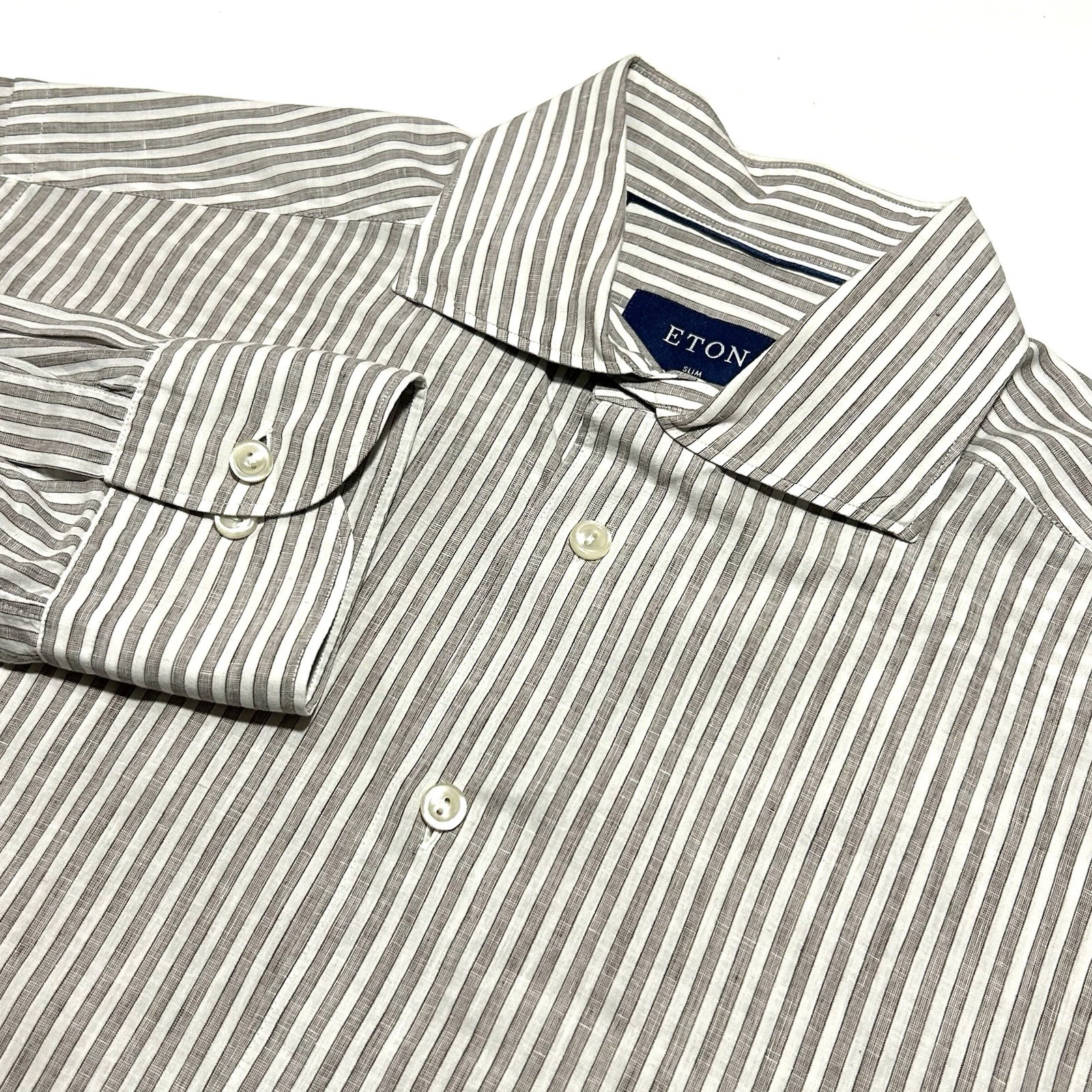 Eton Linen Shirt Mens Medium Striped 100% Linen Slim Fit Long Sleeve