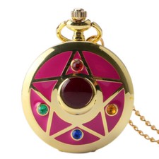 Golden Pink Pocket Watch Sailor Moon Anime Quartz Pendant Watch for Women Girl