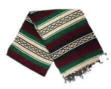 Maroon Beige Green Mexican Blanket Heavy XL Falsa Native Saltillo Serape Yoga