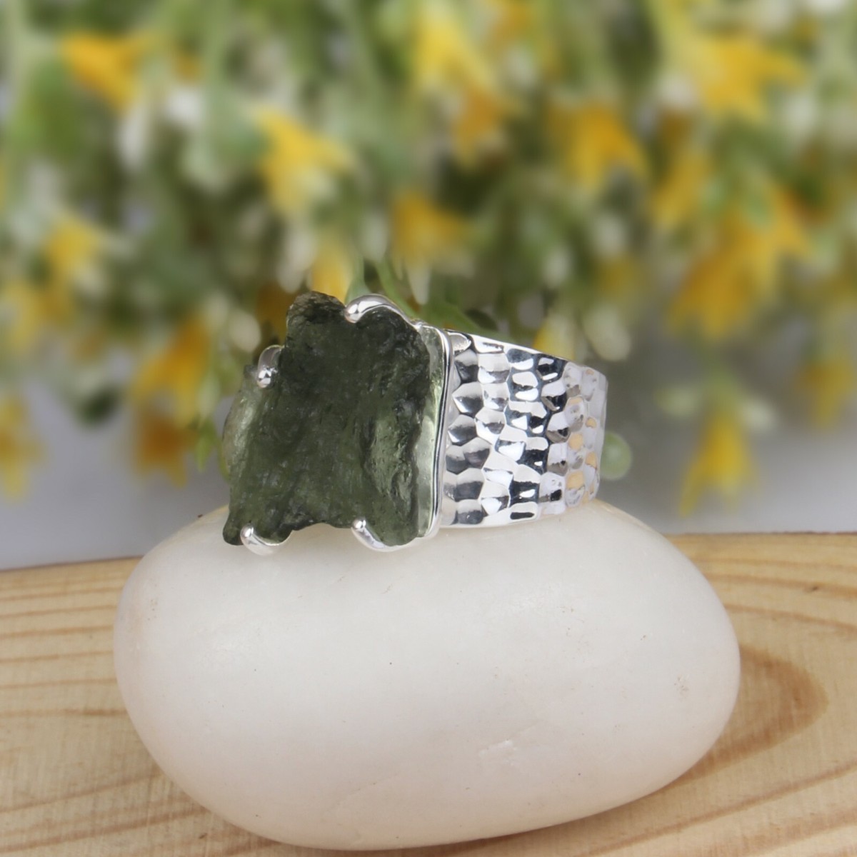 Starborn Men's Sterling Silver Ring With 4-6 Carat Genuine Rough Moldavite - Hammered Shank, Green Stone - View #4