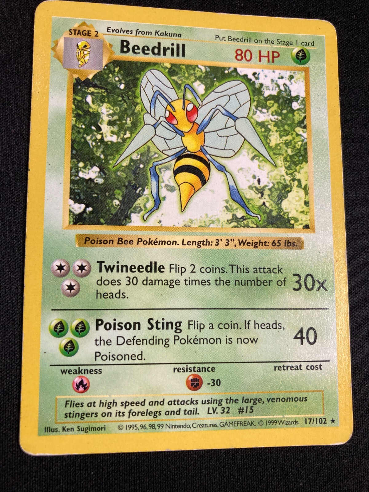 Pokemon TCG Shadowless Beedrill Base Set 17/102 WotC 1999 - Non Holo - MP