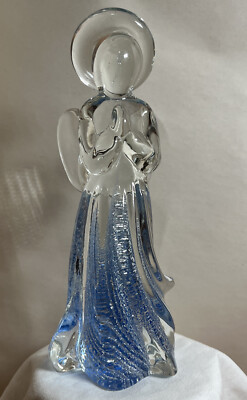 Praying Angel Art Glass Figurine Clear Blue Silver Flecks, Beautiful