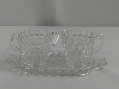 Vtg Antique Cut Crystal Glass Small Creamer Pitcher & Sugar Bowl On Glass Tray