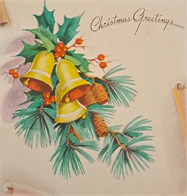 Christmas Card Vintage - Golden Bells Pine Cones - Whiting Publisher Square Form