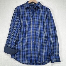 Bugatchi Uomo Shirt Mens M Blue Plaid Flip Cuff Shaped Fit Preppy Button Up