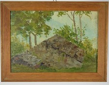 Quadro Olio su tavola Casa nel bosco montagna arte post Impressionismo 30x21-0EF