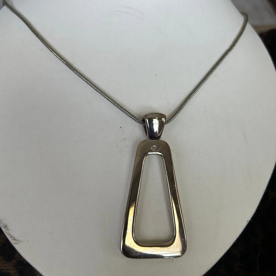 Modern Silver Tone Geometric Bar Pendant Snake Chain Necklace - Image 4 of 4