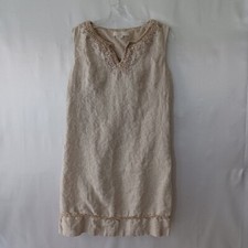 Ann Taylor Loft Dress Womens 6 Beige Linen Glitter Trim V-Neck Midi Dress