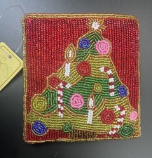 Vtg Christmas Tree Beaded Coin Purse w Zipper Top C. Marie 90s Wallet NEW NOS