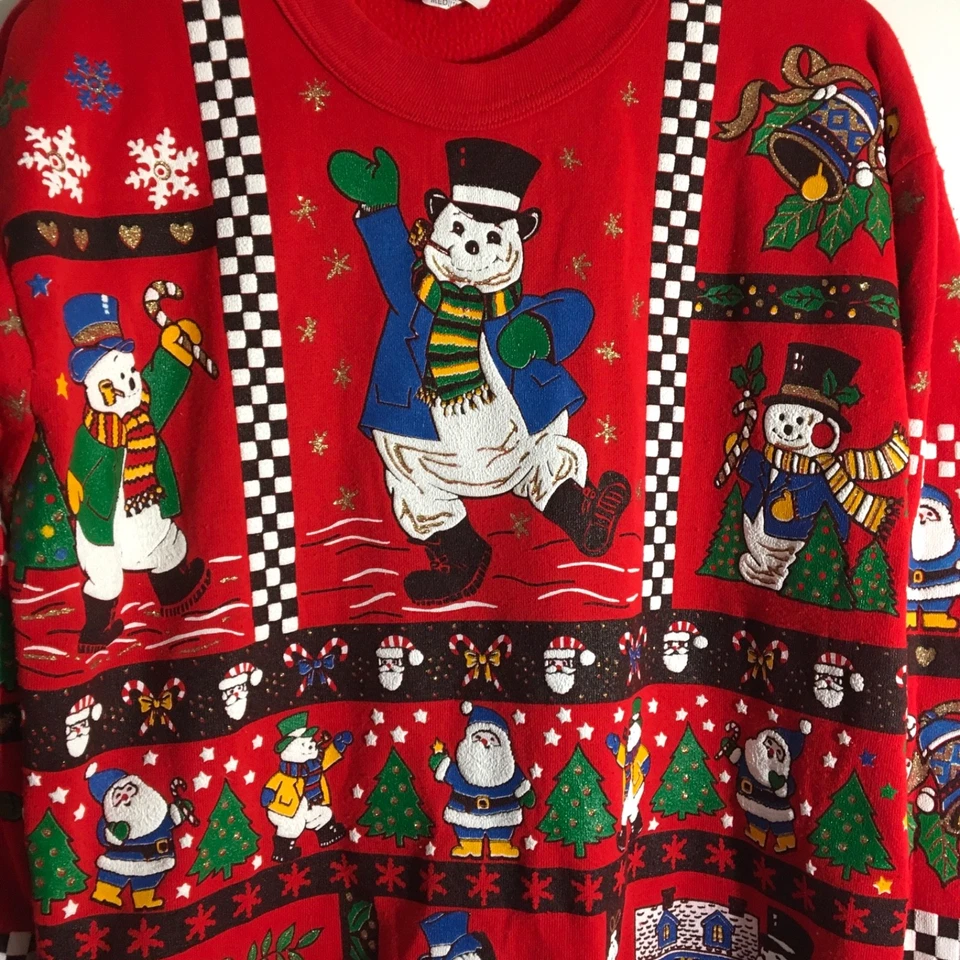 Sudadera Vintage Cascanueces Roja Navidad Muñeco de Nieve Vacaciones Brillo Talla Mediana Foto 3 de 4