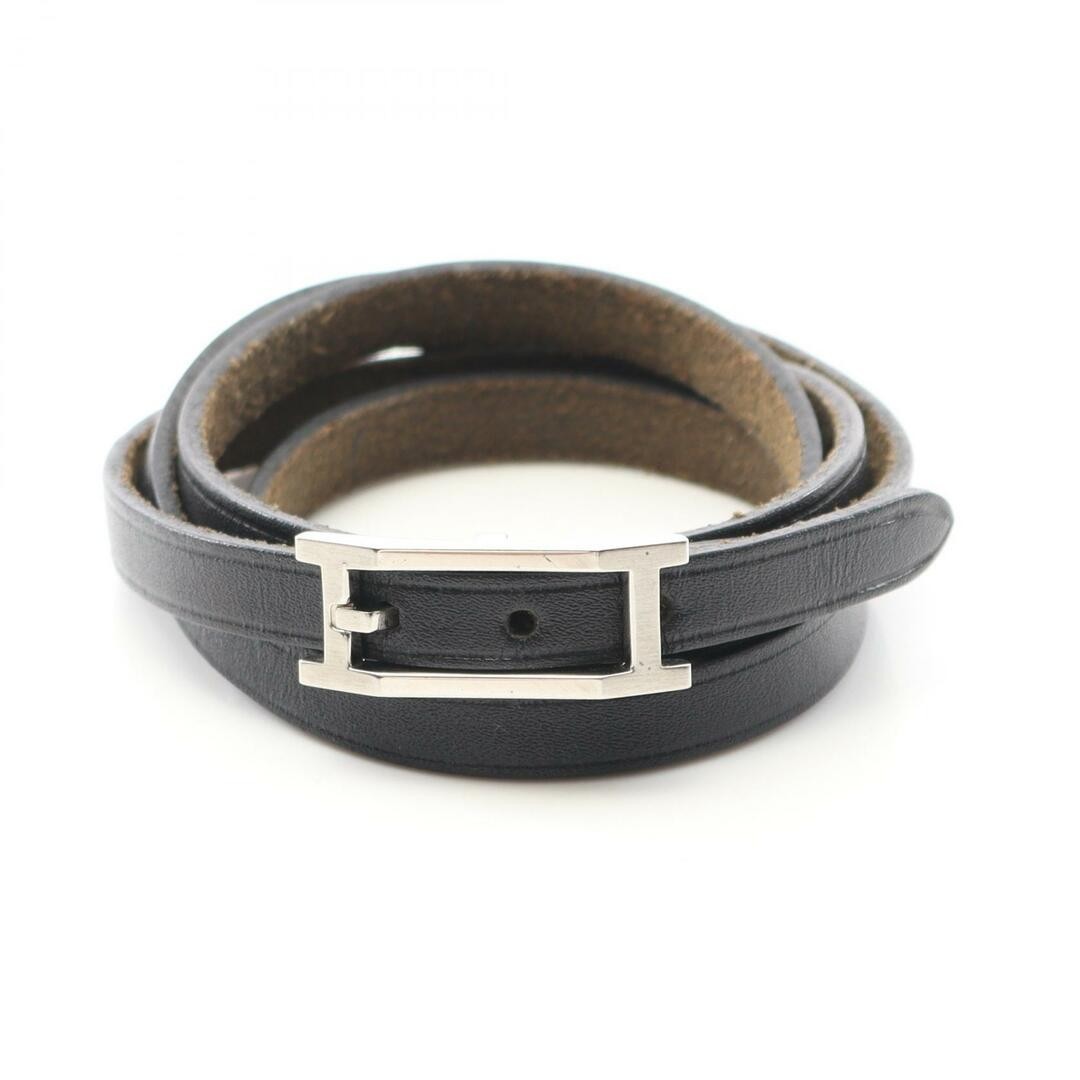 Hermes Api3 Long Leather Bracelet Stainless Steel Women Black Pre-Owned