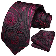 Formal Floral Ties for Men and Pocket Square Set Mens Black  Red Paisley