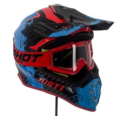 Just1 J38 Maske XL MX Helm blau rot schwarz glänzend + GRATIS rote Schnapsbrille