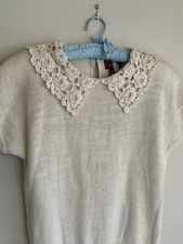 NWT L Slim Vintage Cream Crochet Collar Top Cottagecore Sweater Blouse Modest