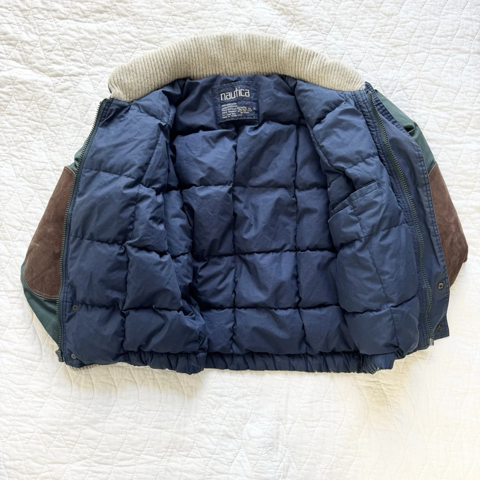 Chaqueta acolchada de plumón Nautica de colección para hombre L verde desteñida exterior gamuza parche en el codo  Foto 2 de 4