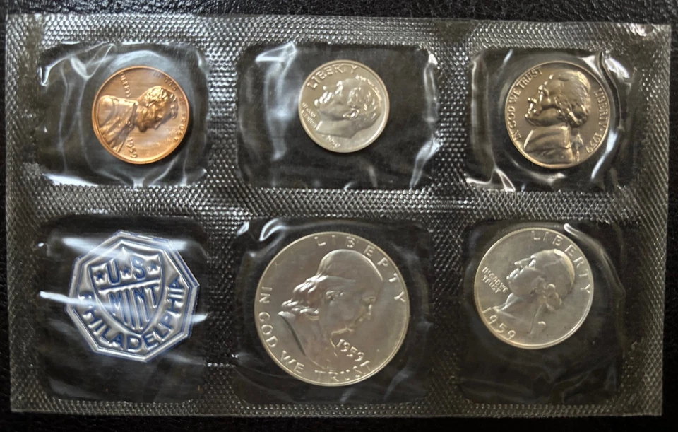 1959 US Mint Proof Set 5 Coins in Cello Flat Pack w/ Envelope 90% Silver (#1007) - Image 3 of 4