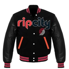 Portland Trail Blazers Black Body Black Leather Baseball Jacket Varsity Jacket
