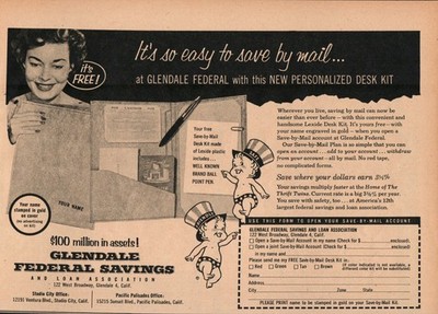Glendale Federal Savings - Studio City Pacific Palisades CA - 1955 Print Ad