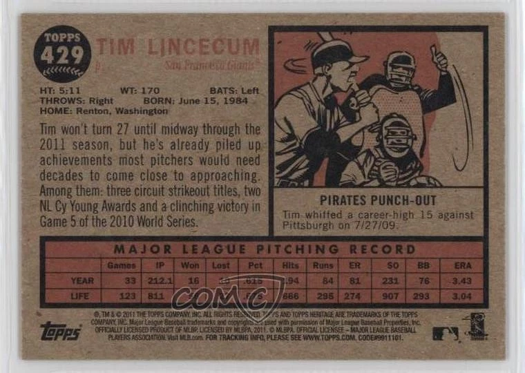 2011 Topps Heritage Tim Lincecum #429 - Image 2 of 2