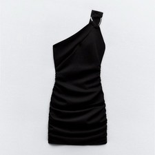 Zara Black Sleeveless One Shoulder Ruched Mini Dress. Sz L. NWT!