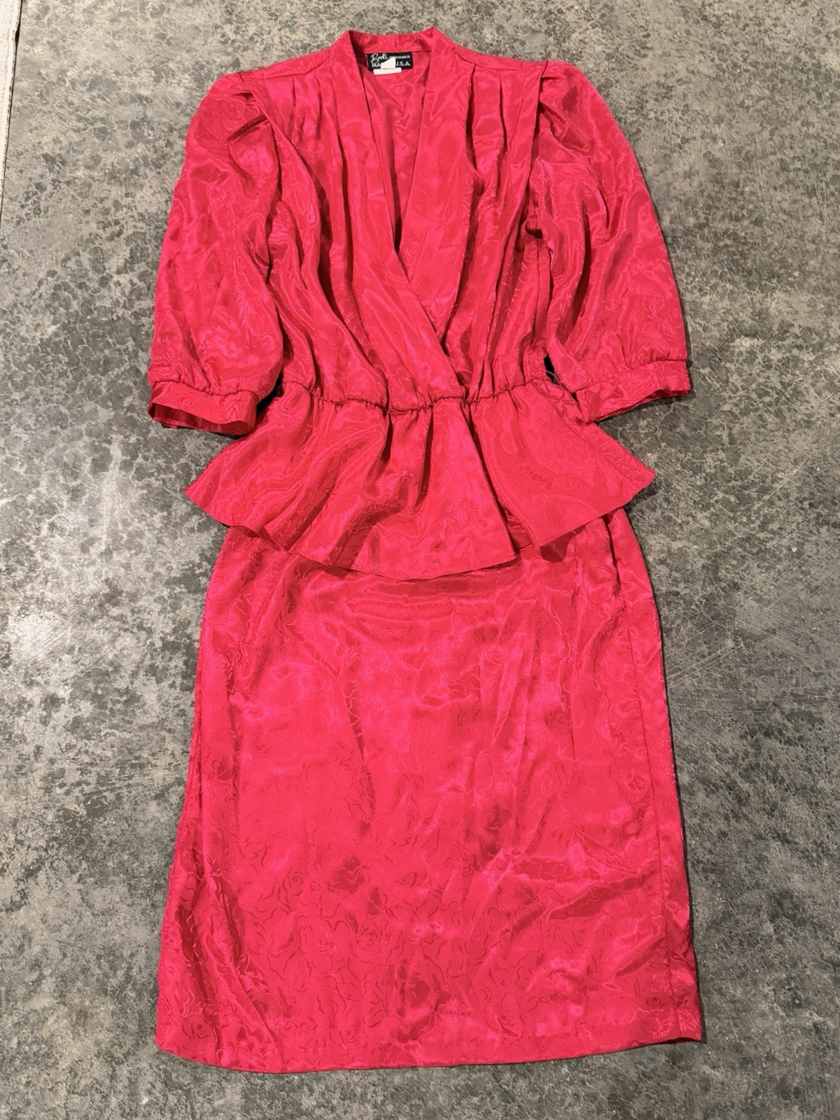 Broli Originals Red Silk Jacquard Floral V-Neck Peplum Midi Dress 8 USA