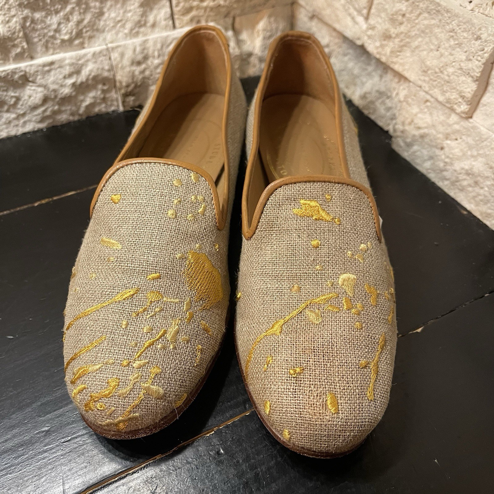 Stubbs & Wootton “POLLOCK" Slippers Tan Yellow Loafers Shoes Splatter Embroidery