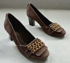 Tory Burch Women's 6.5M Brown Suede Leather Pumps Block Heel Chain Shoes