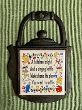 Kitsch Cast Iron Teapot Shaped Kitchen Trivet With Ceramic Tile Center Retro