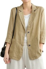Womens Cotton Linen Long Sleeve Relaxed Fit Blazer Casual Lightweight Jacket