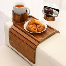 aisongdong Acacia Wood Couch Cup Holder Tray Sofa Arm Table w/ Phone Holder Fold