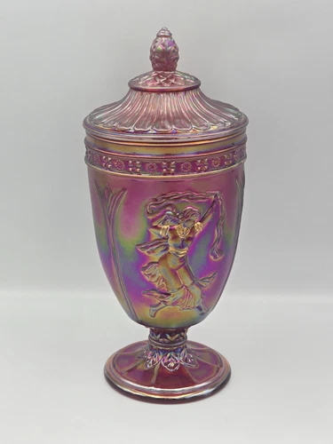 Fenton Rosenthal 2007 Carnival Glass Red Ruby 10” Dancing Ladies Lidded Urn EUC