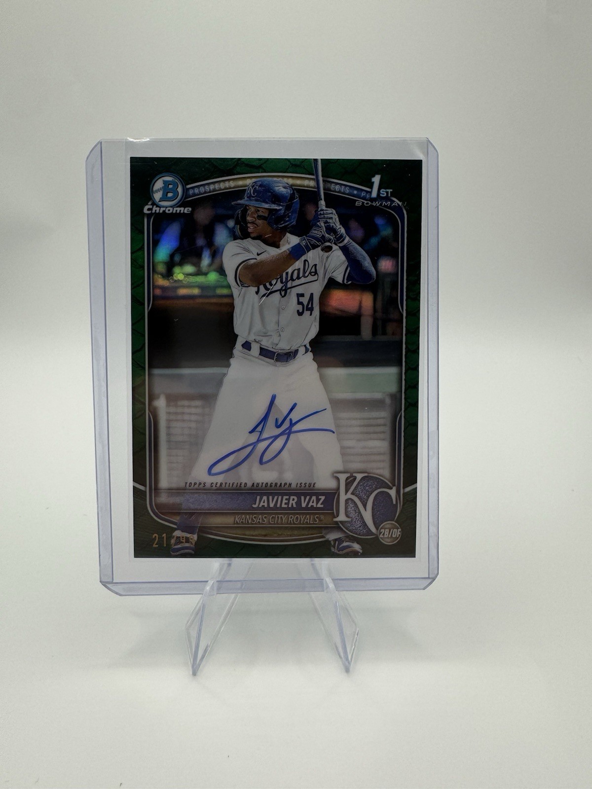2025 Bowman Javier Vaz 1st Chrome Auto Green Reptilian #/99 CPA-JVA Royals