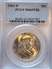 1963-D   PCGS MS-65 FBL   Brilliant White   Franklin Silver Half Dollar.  #295.