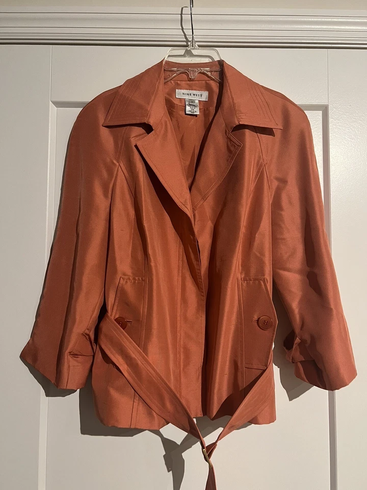 Nine West Mujer Naranja Melocotón Chaqueta Botón Cinturón Talla M Foto 2 de 4