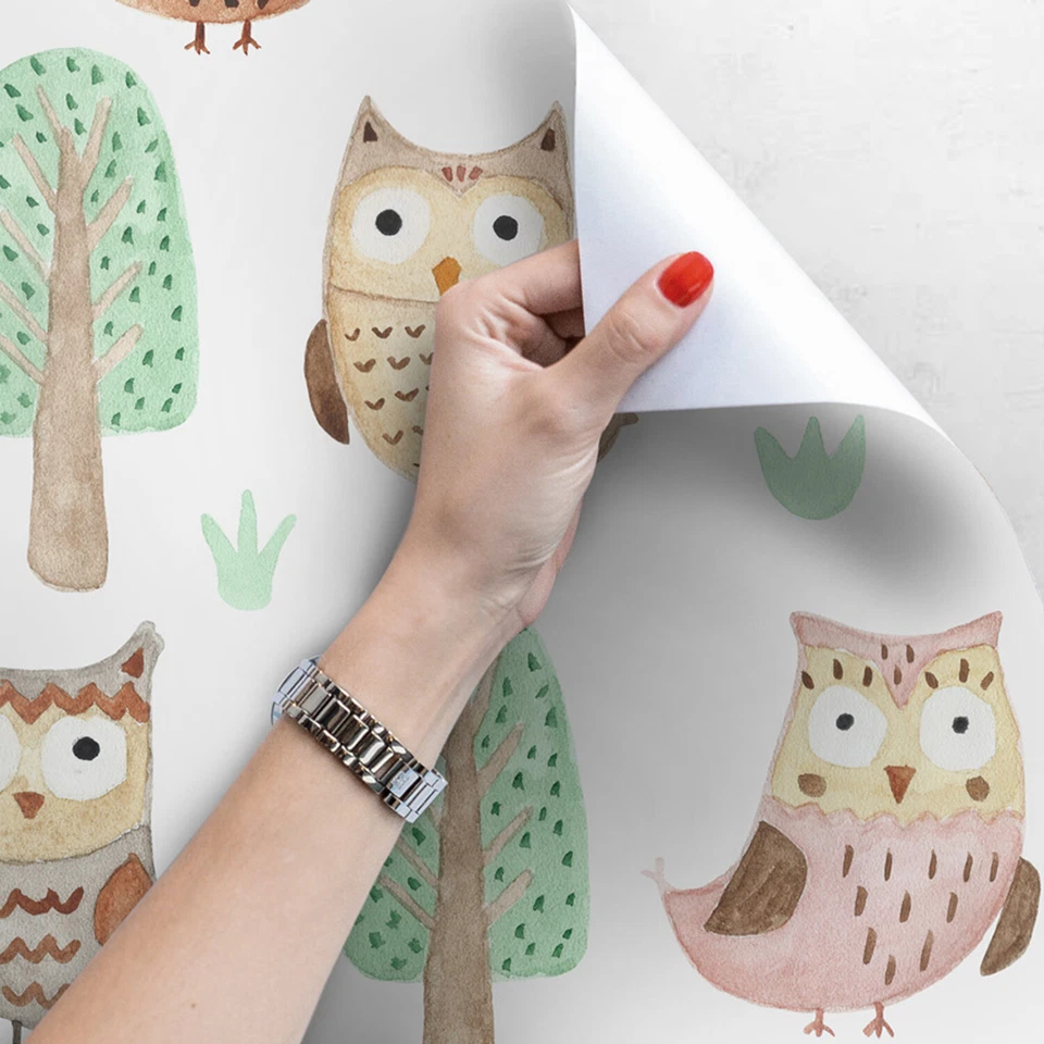 Fotomural Estándar Extraíble Búhos Cuento de Hadas Niños Guardería Bebé Árboles Animales Acuarela Foto 3 de 4