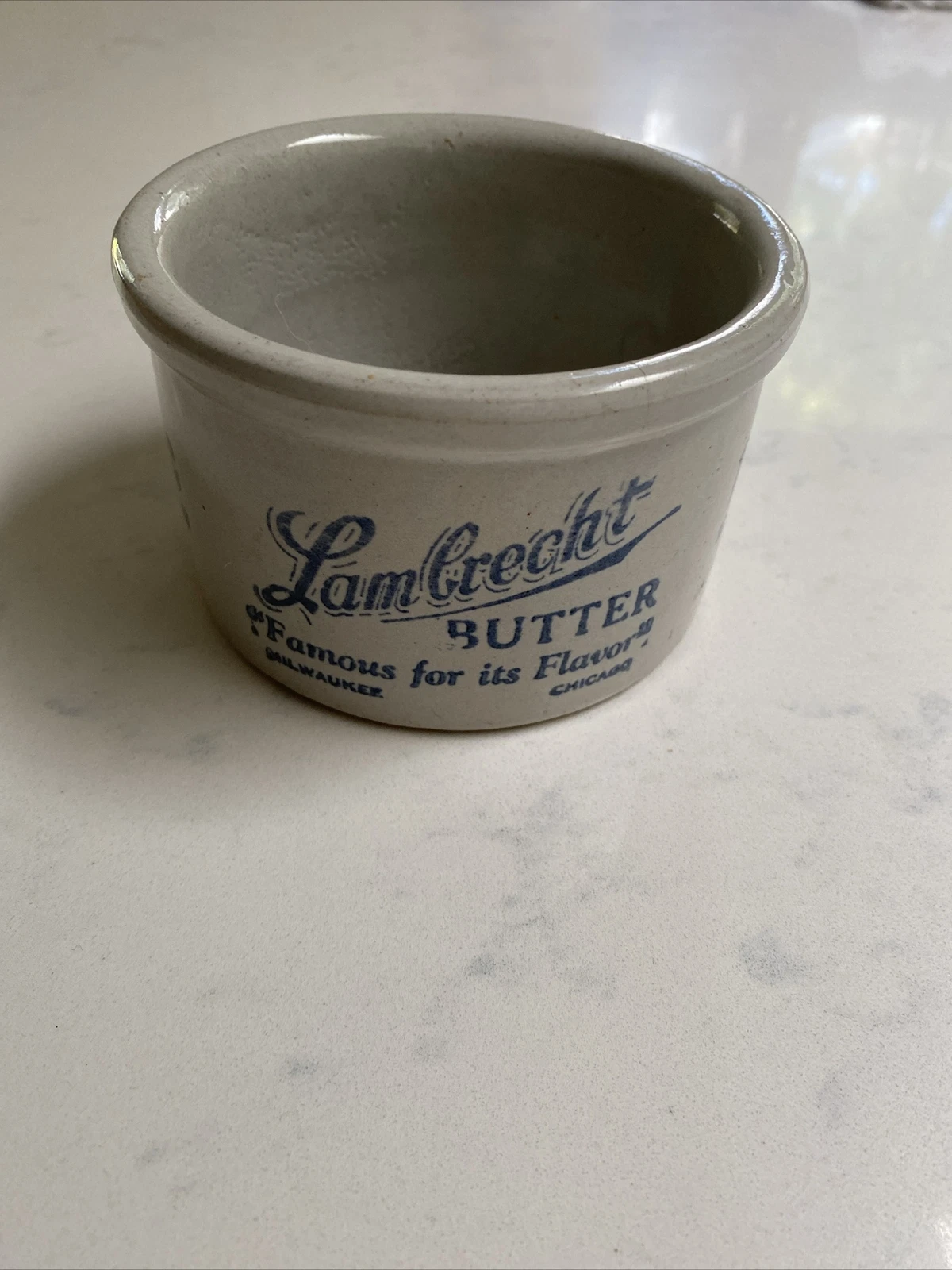 Vintage Lambrecht Stoneware Butter Crock - Chicago Milwaukee 12c 1 1/2lb 5.5”x3”
