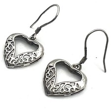 925 Sterling Silver Open Heart Dangle Pierced Hook Earrings 2 grams