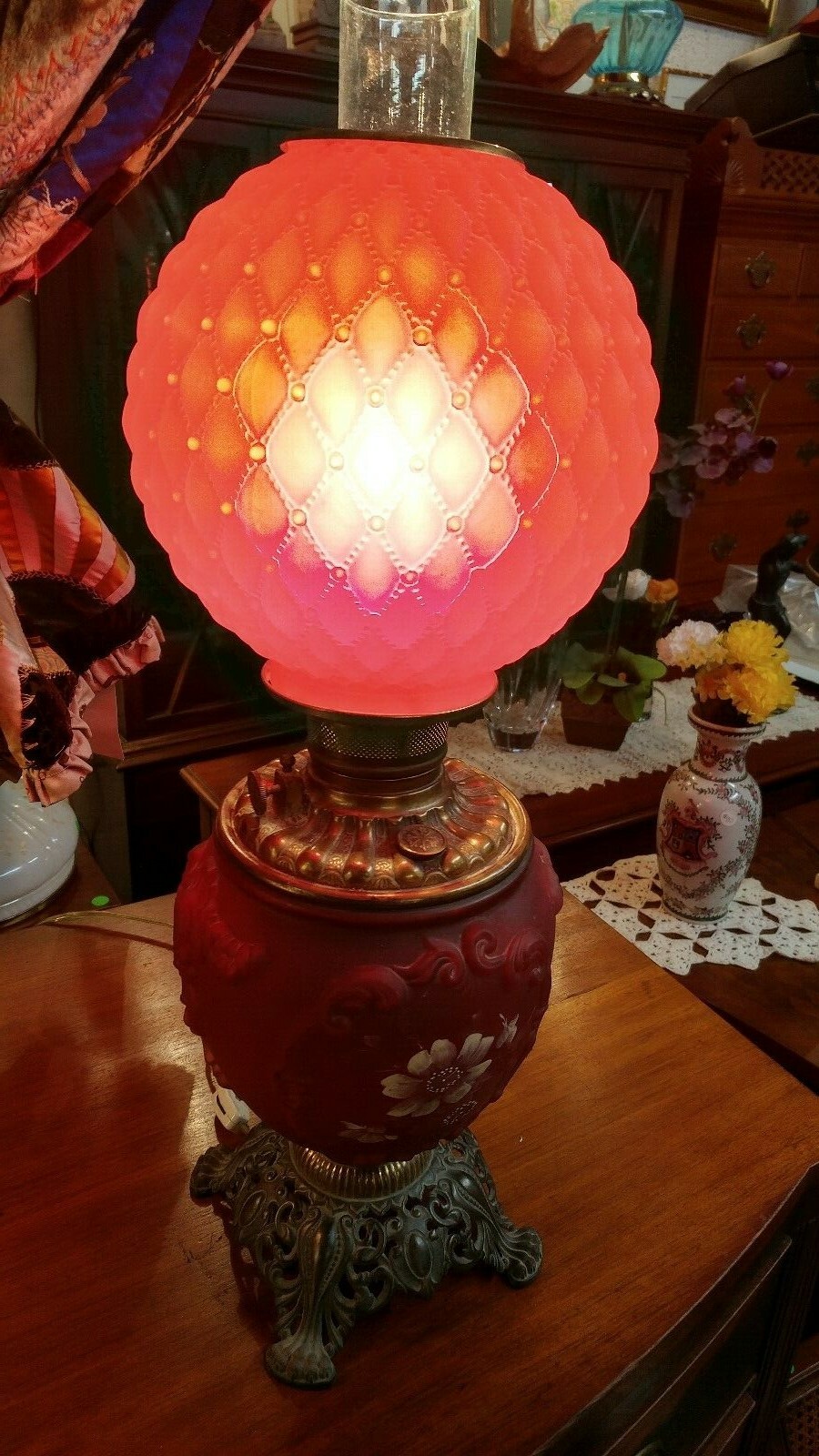 Antique Parlor Lamp Electric Oil Lamp Red Beautiful eBay