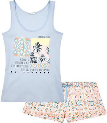 Oodji Ultra Women's Printed Pajama Set with Shorts Blue
