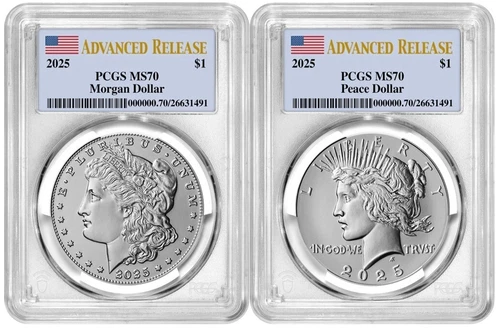 Presale 2025 Morgan & Peace Silver Dollar $1 PCGS MS70 Advanced Release #695