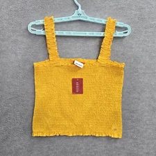 GUESS Women Tank Top L Yellow Ruffle JUNEE SMOCKED Square Neck Pullover NWT