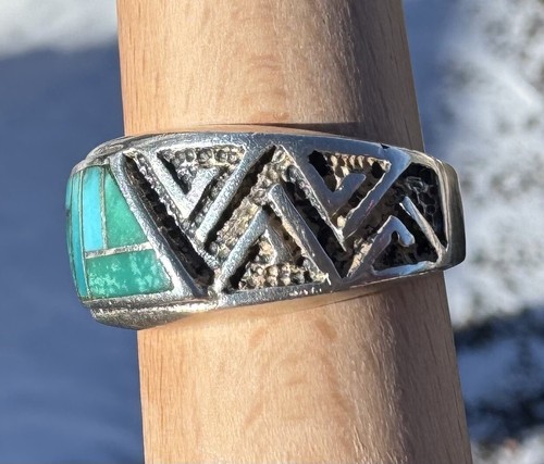 Native American Sterling Silver and Turquoise Inlay Ring Size 6.5 Signed AK - Picture 10 of 12