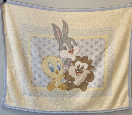 VTG Baby Looney Tunes Tweety Bird Bugs Bunny Taz Baby Blanket Yellow Blue - Picture 3 of 6
